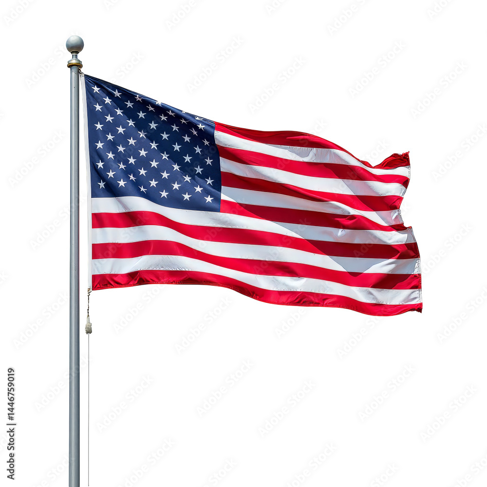 Fototapeta premium Waving American Flag on Pole, Transparent Background, Red White Blue, Patriotism