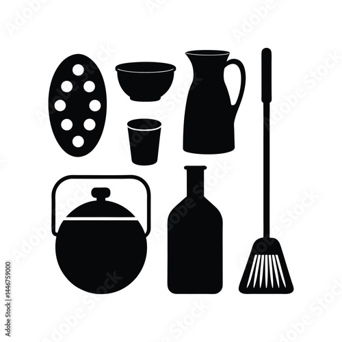  Kitchen and Cleaning vector.Collection of Kitchen and Cleaning Utensils Black Silhouette Icons