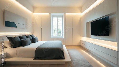 Wallpaper Mural White-themed bedroom displaying a wardrobe, bed, bookcase, and art pieces. Torontodigital.ca