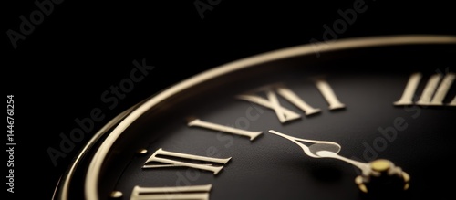 Close-up Perspective of an Analog Clock with Roman Numerals on a Dark Background