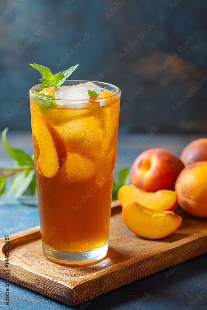 Refreshing peach iced tea served with fresh mint leaves in a rustic setting Refreshing peach iced tea served with fresh mint leaves in a rustic setting