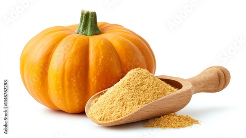 powdered pumpkin ingredient A vibrant pumpkin with a scoop of pumpkin powder, perfect for autumn recipes and seasonal dishes.