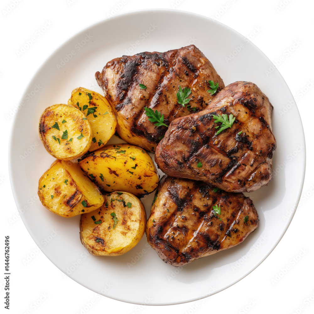Grilled potatoes with meat isolated on transparent background, top view Grilled potatoes with meat isolated on transparent background, top view