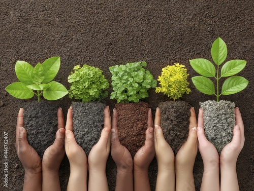 Diverse hands planting saplings, environmental conservation, community action - reforestation development together