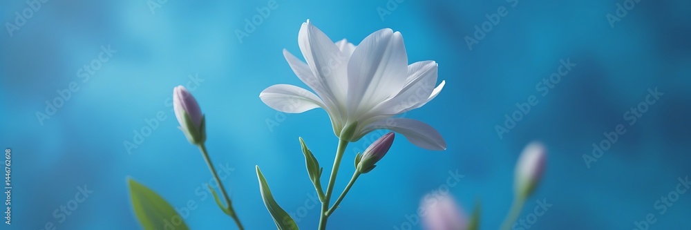 Fototapeta premium Elegant White Flower Blooming Against Clear Blue Sky – Nature Photography Capturing Spring Beauty and Floral Serenity