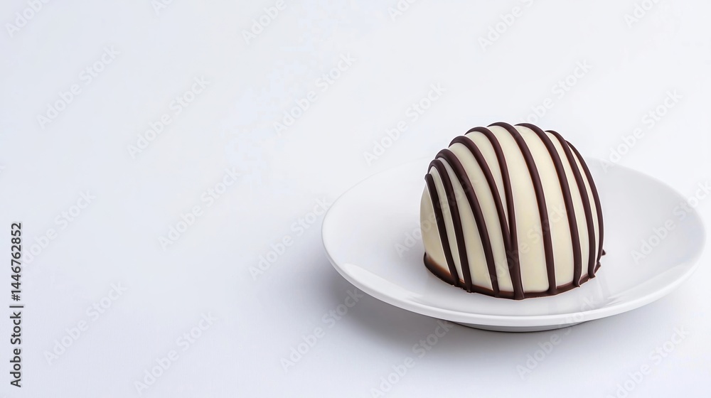 A round white dessert with chocolate drizzle sits on a white plate against a minimalist white background. A round white dessert with chocolate drizzle sits on a white plate against a minimalist white background.