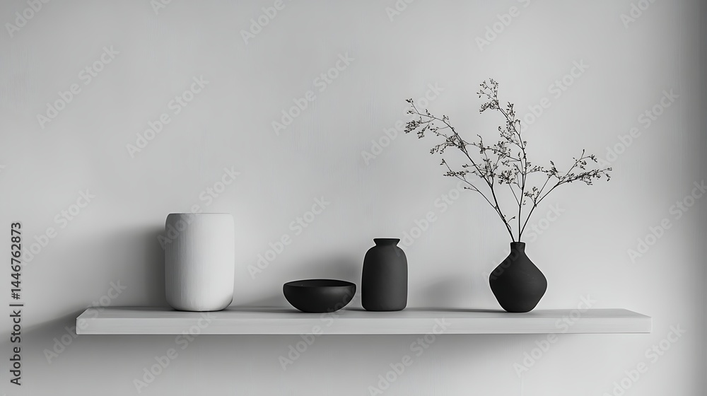 Minimalist shelf styling with organic shapes and natural textures in a modern monochrome palette. Generative Ai Minimalist shelf styling with organic shapes and natural textures in a modern monochrome palette. Generative Ai