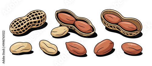 Cartoon Peanuts in Shells and Individually Isolated on White