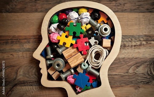 Human Head Silhouette Filled With Assorted Objects On Wood