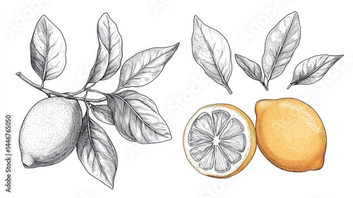 Hand-drawn lemon illustrations with leaves, branches, and slices photo