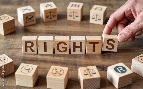Human Rights Concept With Wooden Blocks And Hand Arranging The Word Rights Representing Justice Equality And Legal Protection On Wood Table