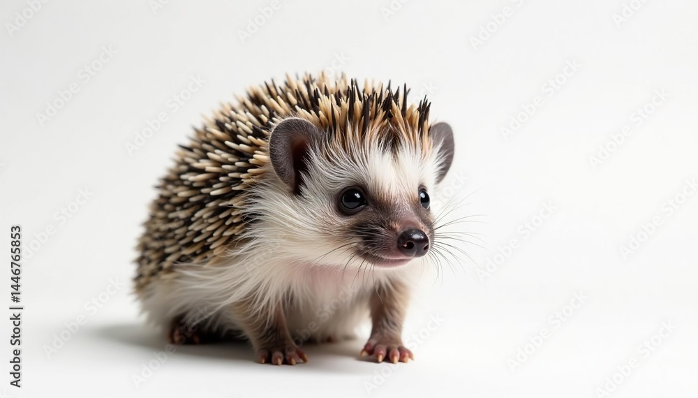 Naklejka premium Close-up of a single hedgehog against a stark white backdrop , sharp, erinaceinae, cute