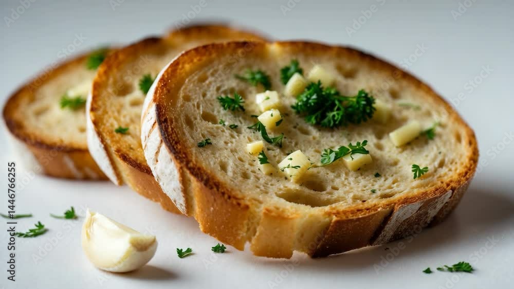 Garlic, cheese, and herb topped toasted bread slices. Garlic, cheese, and herb topped toasted bread slices.