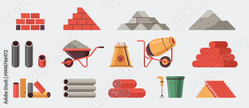 Construction Materials Icons Set Bricks, Pipes, Cement, and More