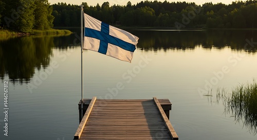 The Finnish flag flutters above a wooden dock, overlooking a peaceful lake during sunset.