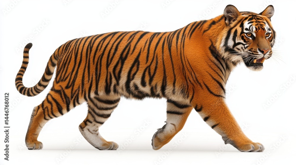 Obraz premium MajesticBengalTigerStridingBoldlyPowerfulCarnivoreWildlifeAnimalIsolatedDetailedStripesVibrantOrangeFurGracefulMovementStrengthSymbolExoticCatPreservationIcon