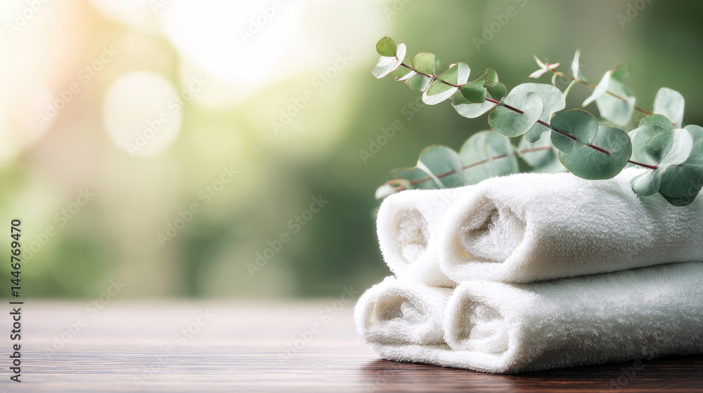 Soft white towels stacked on a wooden surface, accented by eucalyptus sprigs, against a blurred backdrop of a lush green garden Soft white towels stacked on a wooden surface, accented by eucalyptus sprigs, against a blurred backdrop of a lush green garden