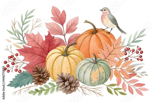 Watercolor Autumn Pumpkins with Leaves and Bird Seasonal Wall Art
