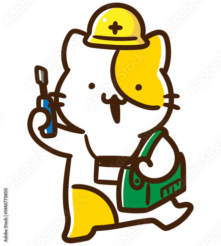 電気工事の作業員になるかわいいねこのキャラクターのデフォルメイラスト