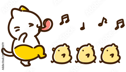 笛を吹いてひよこたちを連れて歩くかわいいねこのキャラクターのデフォルメイラスト