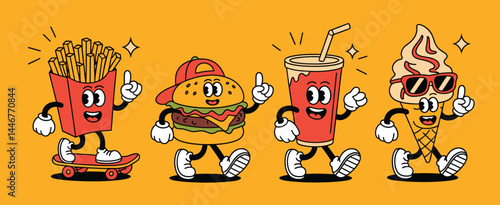 Retro Cartoon Fast Food Characters Walking