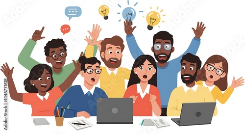 Group Having Idea at Work with Laptop and Lightbulb Symbols