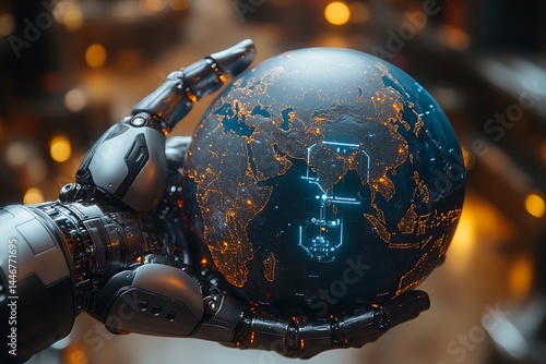 Robot hand holding digital earth globe representing global technology and connectivity