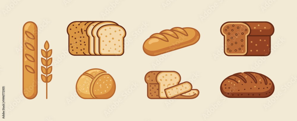 Assorted Breads and Bakery Items Icon Set Assorted Breads and Bakery Items Icon Set