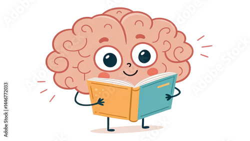 A cartoon brain with big eyes is holding an open book and smiling.