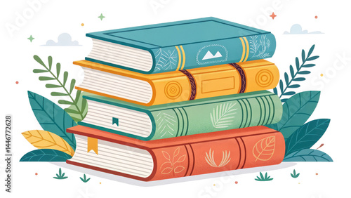 Colorful stack of books with decorative covers is surrounded by lush green leaves and small clouds, creating whimsical and inviting atmosphere for readers