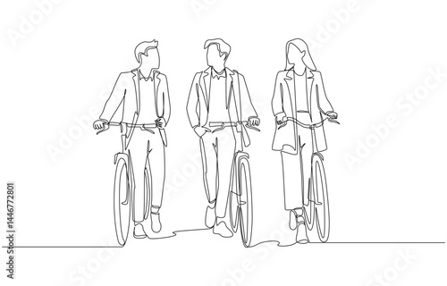 Continuous one line drawing of three colleagues having conversation while walking with bicycles, collaborative relationship and eco-friendly travel concept, single line art
