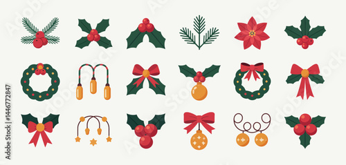Christmas Holly Berries Bows Wreaths Ornaments Icons Set