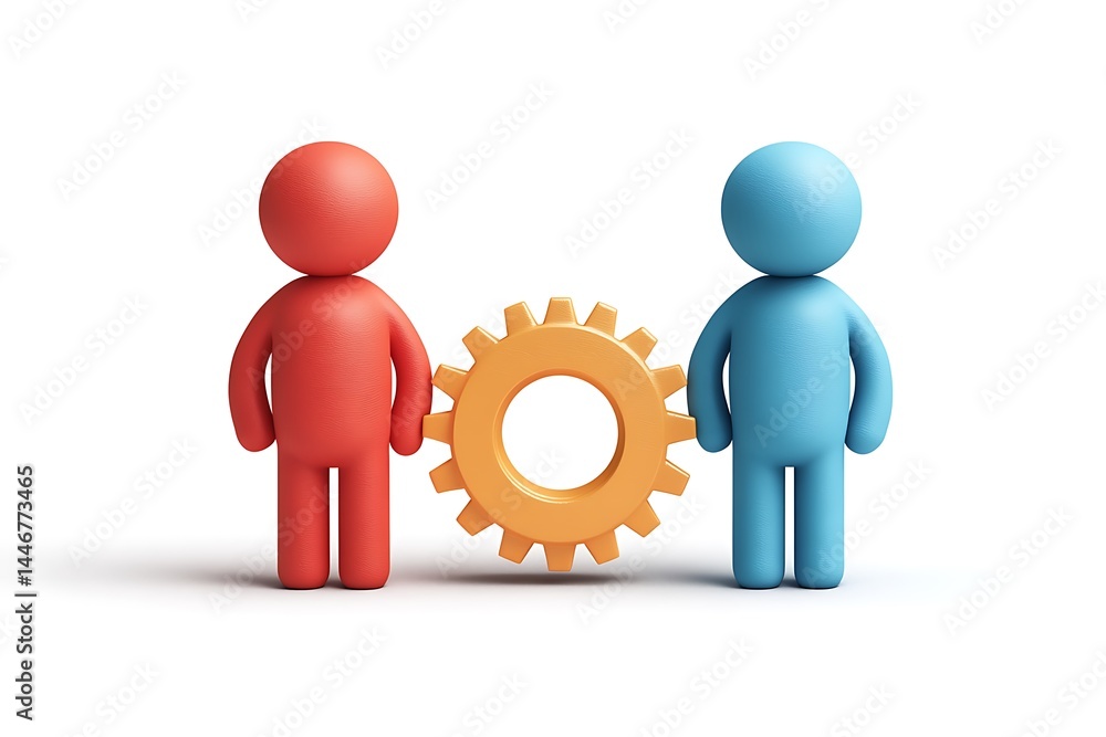 Teamwork concept with red and blue figures connecting with a gear wheel Teamwork concept with red and blue figures connecting with a gear wheel