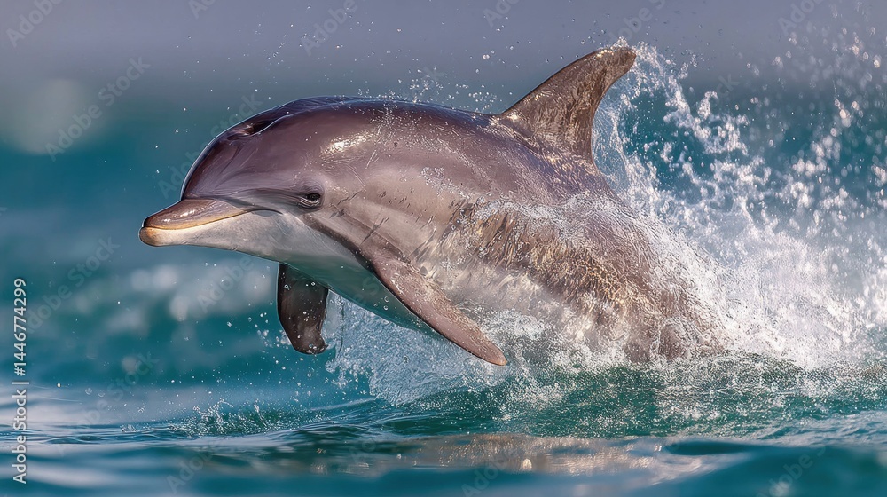 Naklejka premium Dolphin jumping mid-air with clean splash