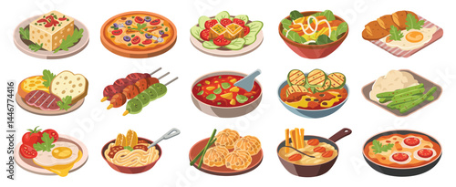 Variety of Delicious Food Dishes Isometric View