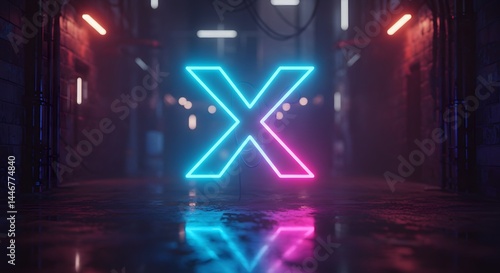 Neon illuminated X sign lit against a gritty urban background in a dimly lit corridor Generative AI