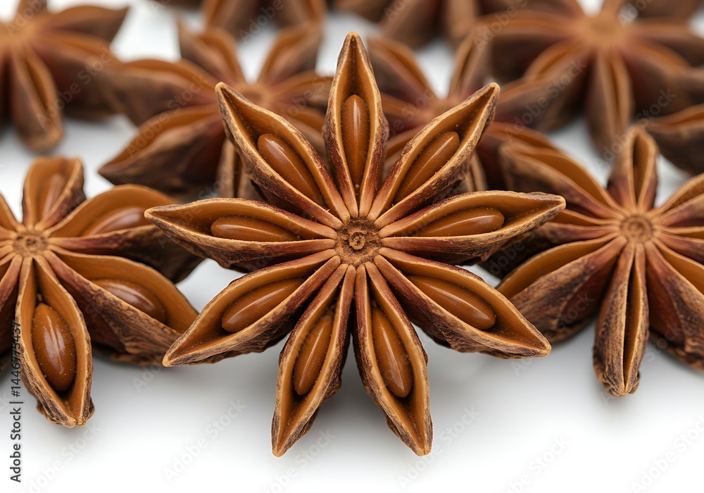 Close up of a group of star anise pods with visible seeds on a white surface in a studio setting Close up of a group of star anise pods with visible seeds on a white surface in a studio setting