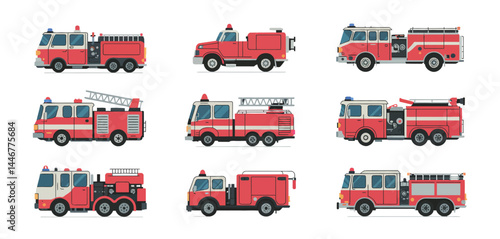 Nine Different Types of Red Fire Trucks Illustration