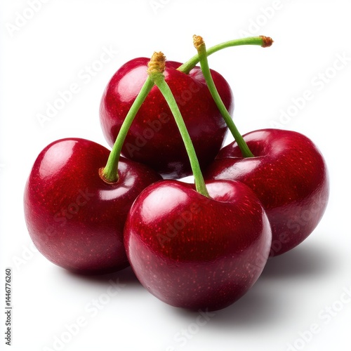 Pile of ripe cherries close up on white background