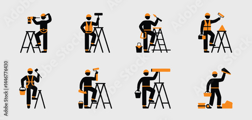Construction Worker Icons Set Painting, Drilling, and Repair