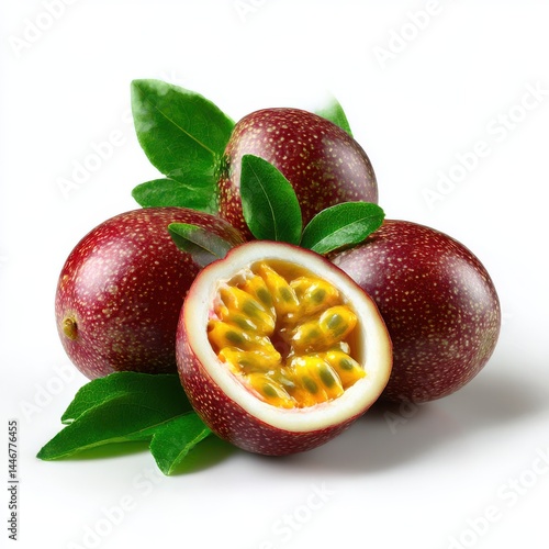 Passion fruits with leaves still life on white background