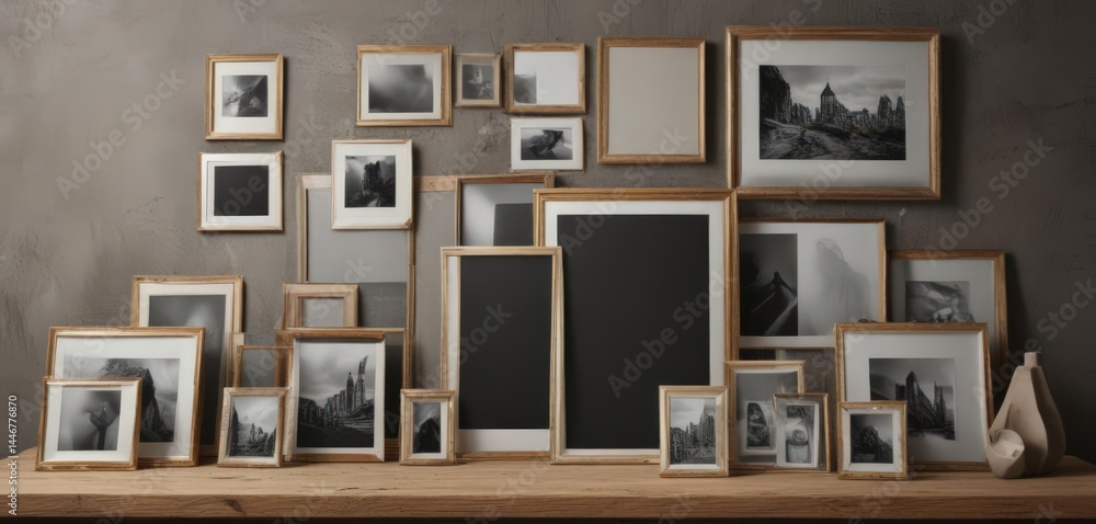 Fototapeta premium Various sized & styled photo frames arranged on a mood board; textured backdrop, interior design, sizes, home decor