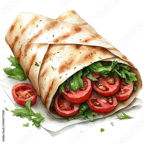 Shawarma Wrap Partially Unwrapped, vector watercolor illustration, isolated on a white background.