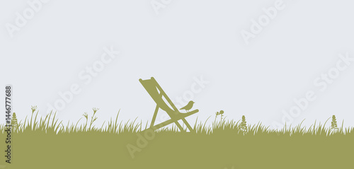 Serene Summer Scene Deck Chair in Grassy Meadow with Bird