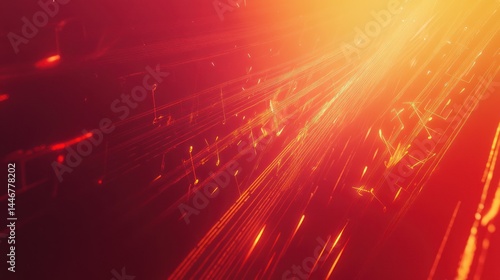Abstract vibrant, radiating red and orange background with musical notes. A dynamic, energetic composition of lines and symbols converging toward a bright center