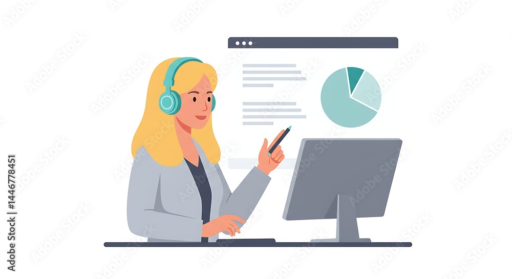 Woman Presenting Online with Headphones and Computer Woman Presenting Online with Headphones and Computer