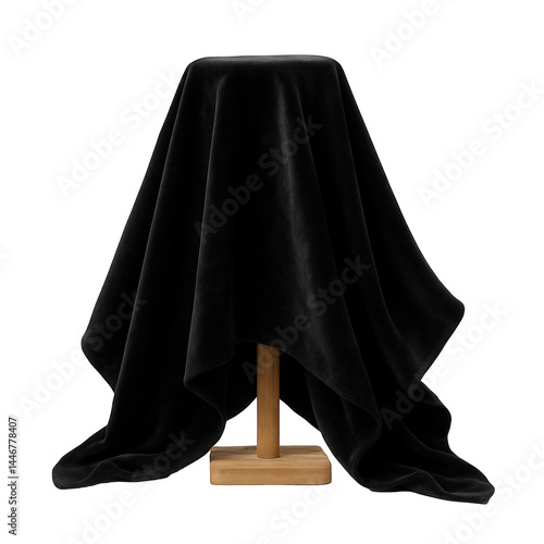 Rich black velvet fabric dramatically conceals a circular object positioned atop a wooden display structure.