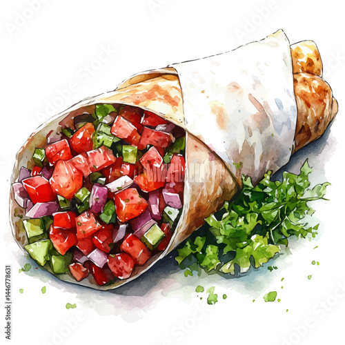 Shawarma Wrap Partially Unwrapped, vector watercolor illustration, isolated on a white background.