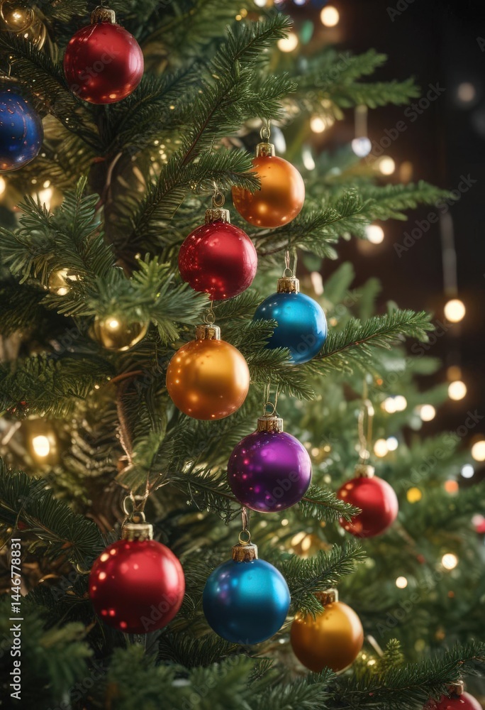 Vibrant baubles adorn a Christmas tree, bokeh lights glow , joyful, celebration, tree Vibrant baubles adorn a Christmas tree, bokeh lights glow , joyful, celebration, tree