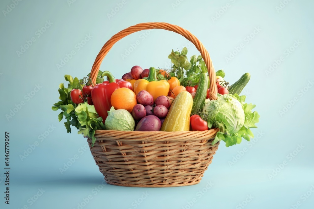 Basket full of organic produce, hyper-realistic 3D rendering, isolated on soft blue gradient background Basket full of organic produce, hyper-realistic 3D rendering, isolated on soft blue gradient background